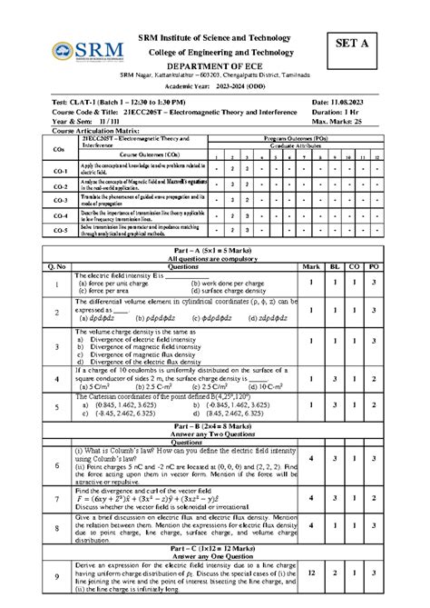 EMT CT1 SET A - Electromagnetic Theory & Interference Test Notes - Studocu