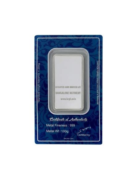Bangalore Refinery Silver Bar Of 100 Grams in 999 Purity / Fineness