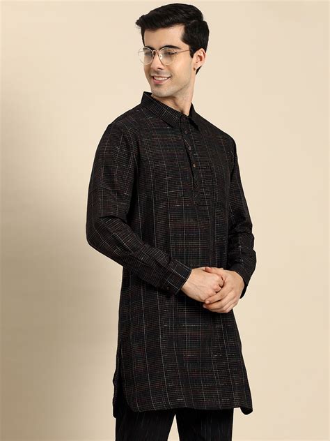 Anouk Men Black Checked Shirt-Collar Kurta with Trousers - Price History