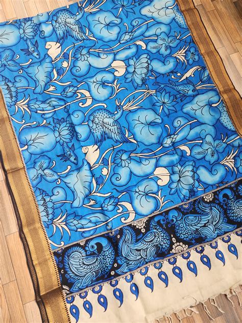 pen kalamkari silk dupatta Blue dupatta Indian gifts rakhi gifts – VIVARANG