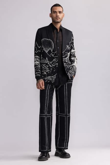 Buy Black Linen Embroidered Scenic Grand Canyon Double Breasted Blazer ...