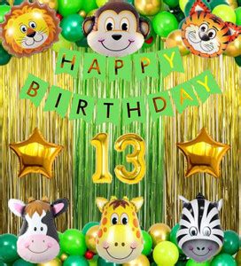 LitTOLS No 13 Gold Balloon with Jungle Theme Birthday Decoration Kit ...