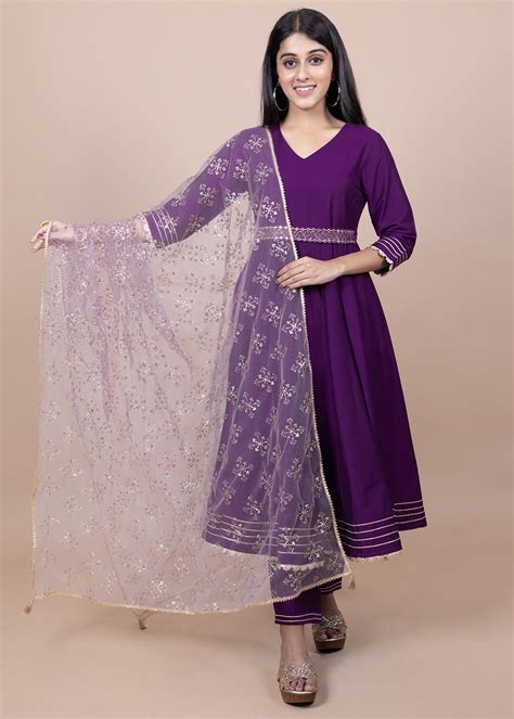 Get Purple Solid Anarkali With Embroidered Belt And Narrow Pant Paired ...