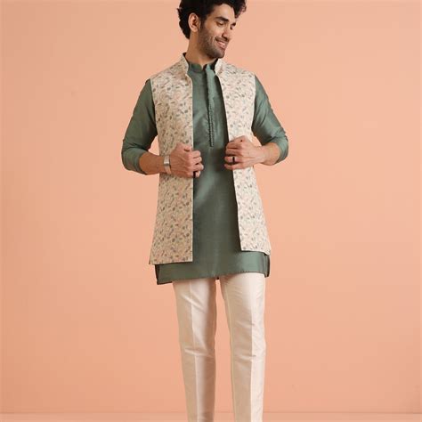 Green Silk Blend Printed Jacket Kurta Trouser Set – Kisah