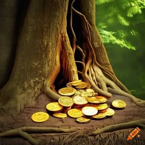 Hidden treasure of gold coins in tree roots on Craiyon