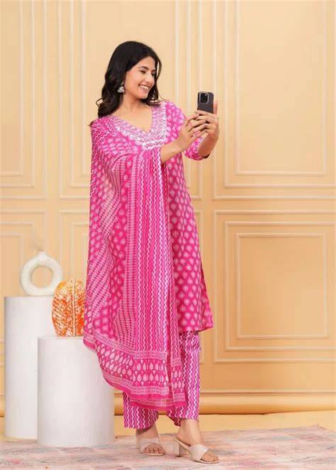 Ajmera fashions & Trending co. Pink Cotton Kurta Pant And Dupatta Set ...