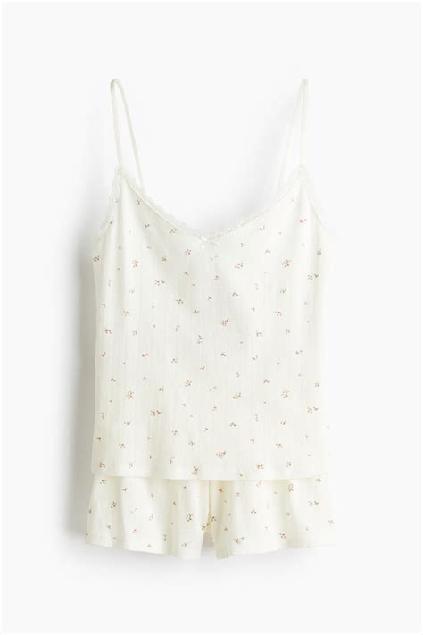 Cotton pointelle pyjamas - White/Floral - Ladies | H&M IN