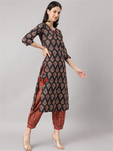 Divena Black and Red Cotton Buti Printed Kurta with hem Cuffed pant se ...