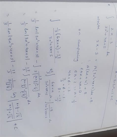 Integration of 2x-3/3x^2+4x+5 dx - Brainly.in