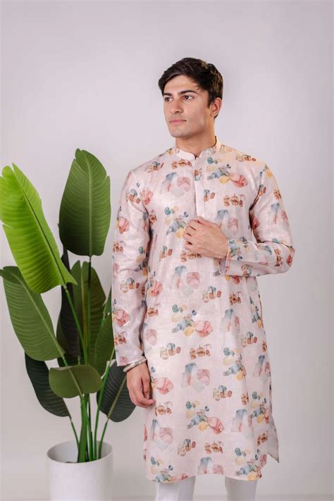 Suutraa Men's Baby Pink Linen Oil Printed Kurta – suutraa