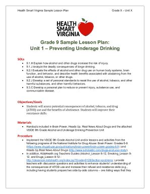 Fillable Online Grade 9 Sample Lesson Plan: Unit 9Alcohol & The Brain ...