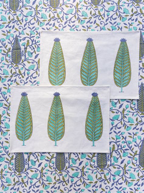 Green and Turquoise Hand Block Print Cotton Table Mats – Pinklay