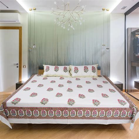 Red Flower Hand Block Cotton Bedsheet Set