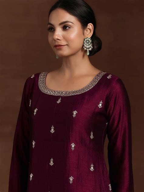 Buy Maroon Embroidered Silk Blend Straight Suit With Dupatta Online at ...