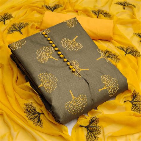 Grey Printed Cotton Dress Material