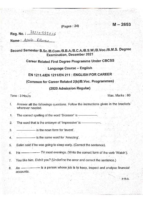 S2 BCA English December 2021 QP - (Pages : 24) M 2653 Reg. No ...