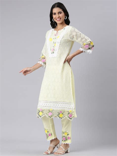 Neerus Yellow Solid Straight Suit Set - Kurta + Trouser + Dupatta for ...