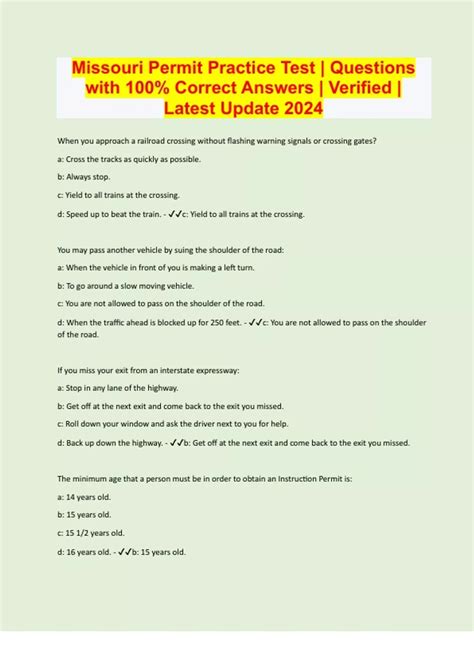 Missouri Permit Practice Test | Questions with 100% Correct Answers ...