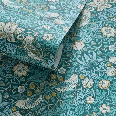 William Morris Strawberry Thief Wallpaper - Teal - Curtains At Home