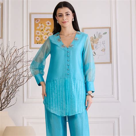 Sky Blue Pin Tuck Hand Embroidered … | First Resort by Ramola Bachchan