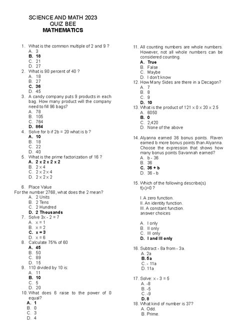 QUIZ BEE - Mathematics Quiz Questions for Science and Math 2023 - Studocu