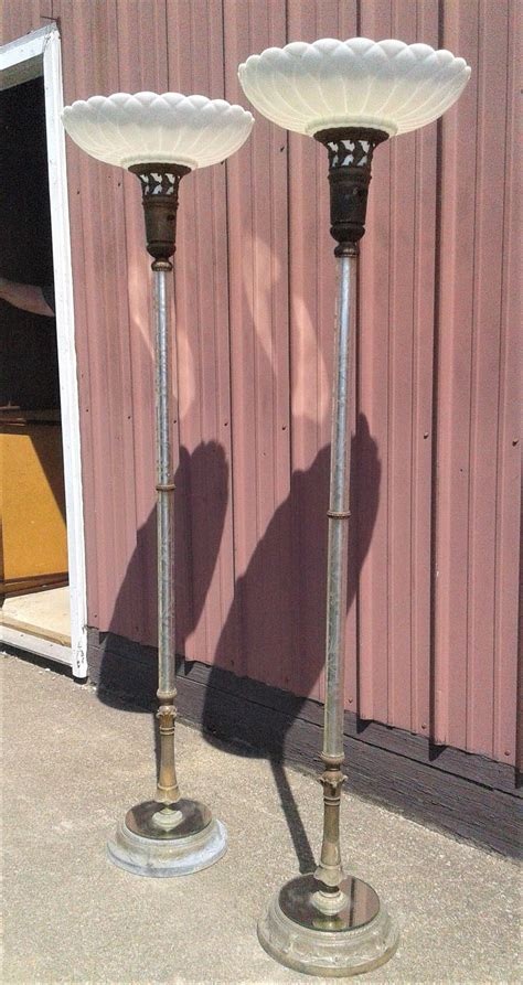 Pair of Antique Torchiere Floor Lamp Opalescent Large Milk Glass Shades ...