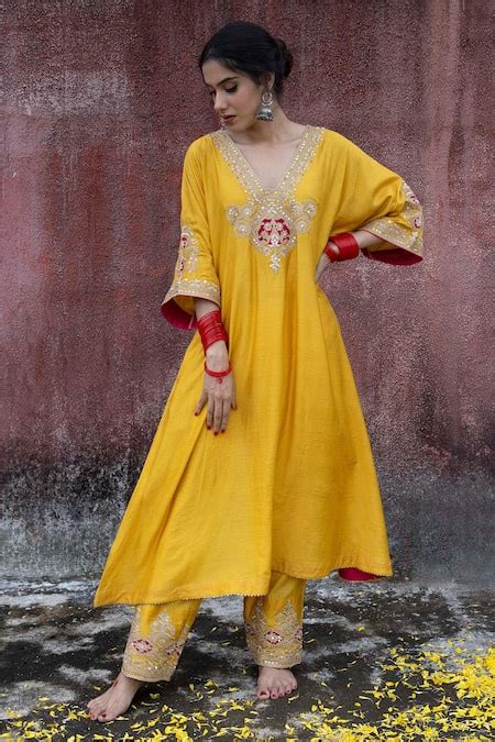 Buy Yellow Chanderi Sequins, Zari V-neck Embroidered A-line Kurta For ...
