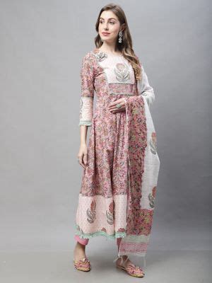 Buy Rajnandini Women Light Pink Pure Cotton Jaipuri Printed and Kurta ...