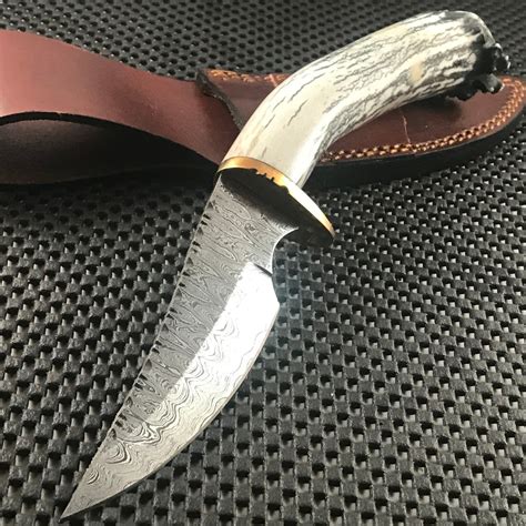 9" Damascus Deer Antler Skinning Knife Handmade in USA