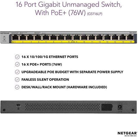 NETGEAR Ethernet Unmanaged PoE Switch (GS116LP)GS116LP 16 Ports 1000 ...