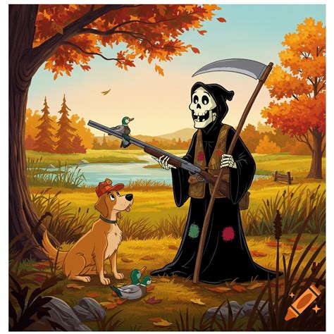 Cartoon grim reaper and dog hunting ducks in an autumn landscape ...