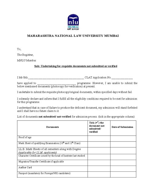 Undertaking for Non-Submission of Documents - CLAT Application - Studocu