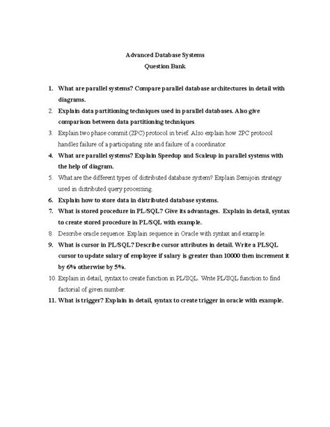 Advanced Database Systems Question Bank - Qb Exam Prep - Studocu
