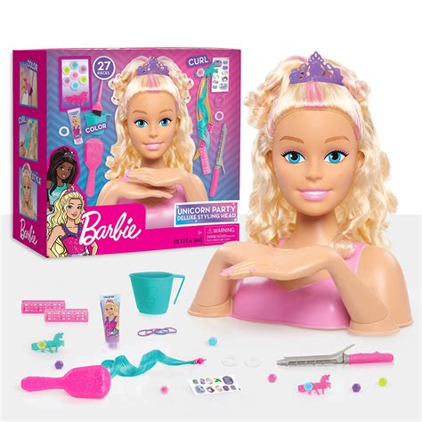Barbie Unicorn Party 26-piece Deluxe Styling Head, Blonde Hair, Blue ...
