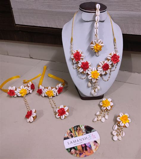 LAMANSH® Yellow Red Flowers 🌼🌹 Shells Jewellery Set for Bridal Haldi ...