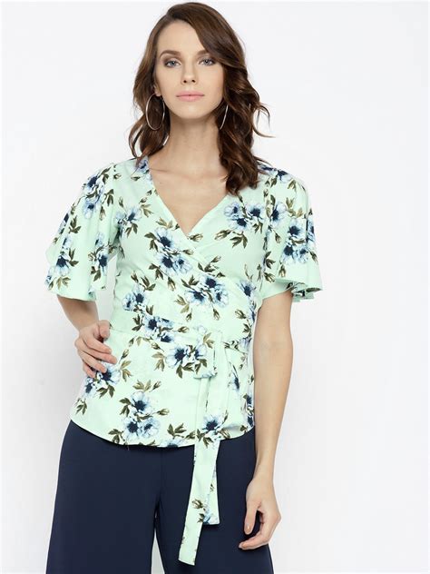 Women Sea Green & Blue Floral Printed V-Neck Waist Tie-Up Crepe Wrap ...