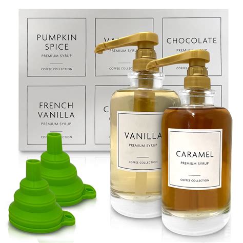 Gold Design Syrup Bottle Set – Two of 500ml Glass Bottles with 1/4 oz ...