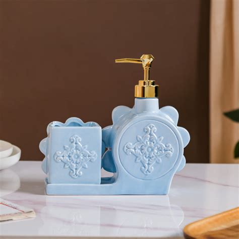 Flower Soap Dispenser With Holder Ceramic Blue Online - Premium ...