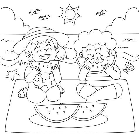 Kids eating watermelons coloring page vector illustration 24272820 ...
