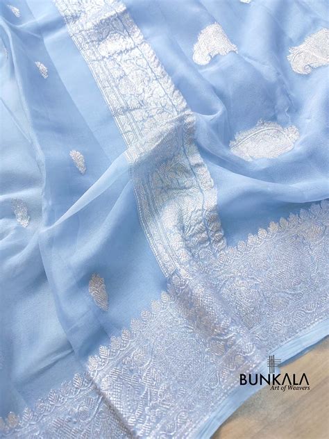 Shop Blue Pure Khaddi Chiffon Silver Zari Buti Handloom Banarasi Saree ...