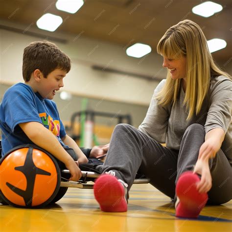 A teacher using adaptive physical education equipment to help a student ...