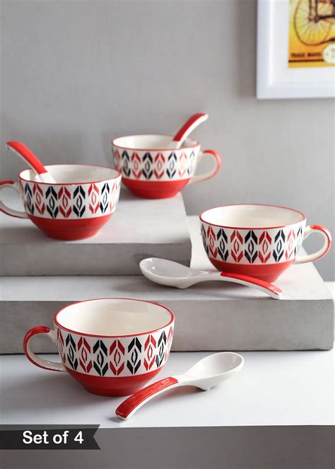 Get Red Hand Painted Ceramic Handled Soup Bowl with Spoon - Set of 4 at ...