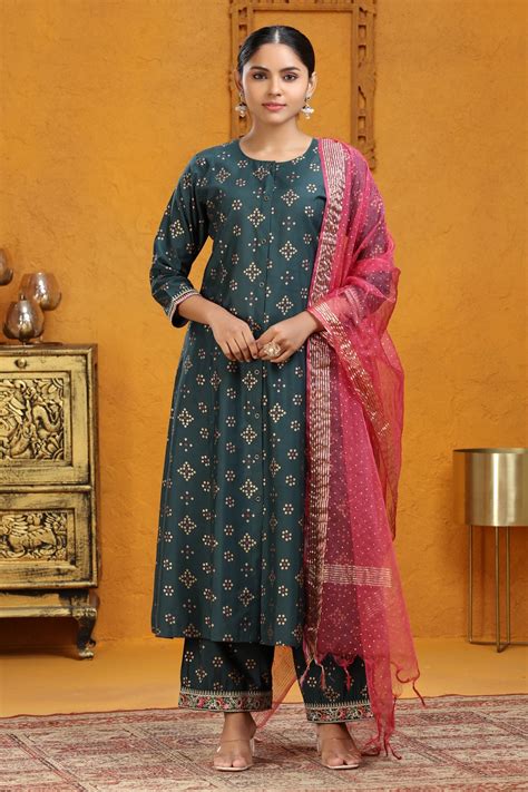 Bottle Green Polina Silk A Line Embroidered Kurta Pants and Dupatta Se ...