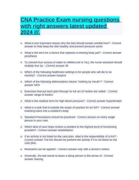 CNA Practice Exam nursing questions with right answers latest updated ...