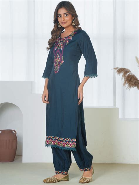 Buy Embroidered Roman silk Solid Straight Teal Kurta, Trousers ...