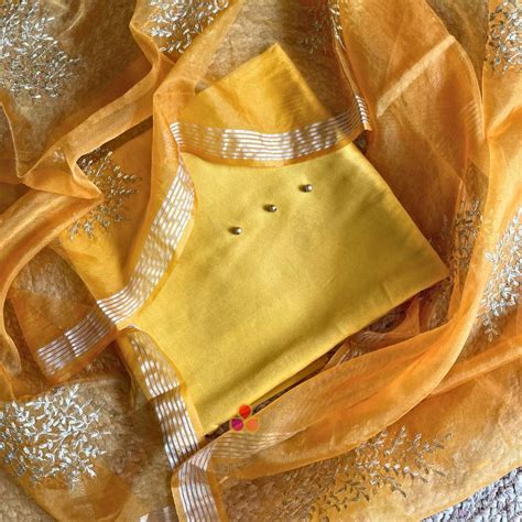 Mustard Festive Silk Unstitched Suit with Mustard Organza Dupatta ...