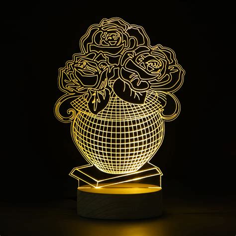 Rose Flower Pot Design Carved on Acrylic & Wood Base Night Lamp ...