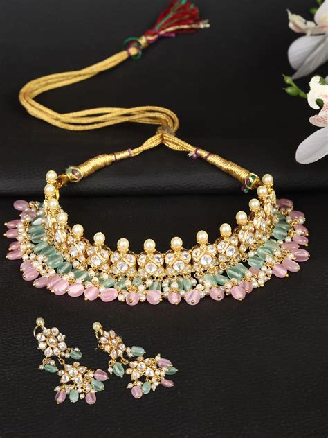 Multi-Color Pearls Beads Kundan Gold Plated Jewellery Set – Priyaasi