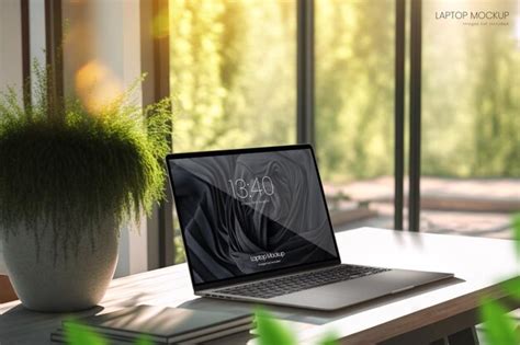 Realistic imac laptop mockup on wooden table with bright sunlight in ...