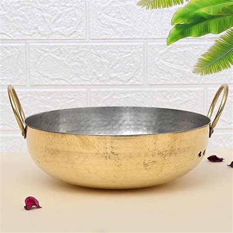 Gyarsilal's Pure Brass Cooking Round Bottom Karai, Handmade Hammered ...